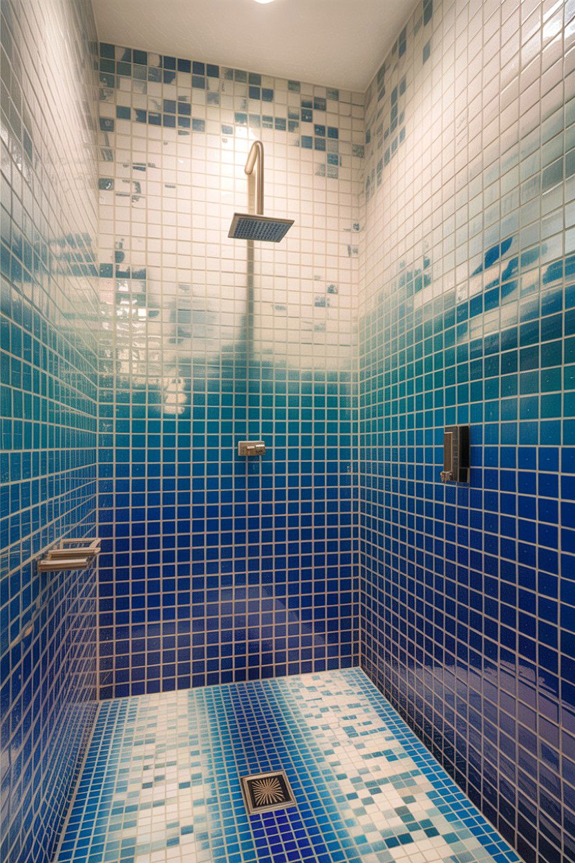 Gradient glass mosaic shower - 30 glass mosaic bathroom ideas