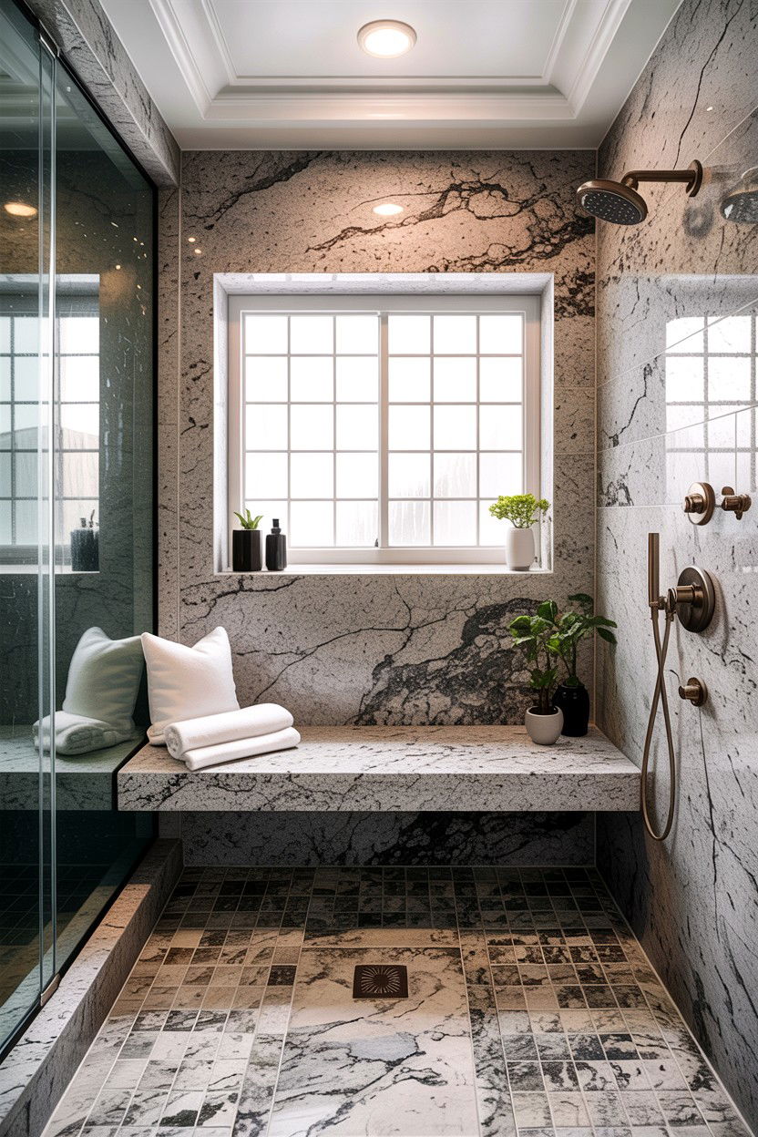 Granite bench seat - 30 granite bathroom ideas