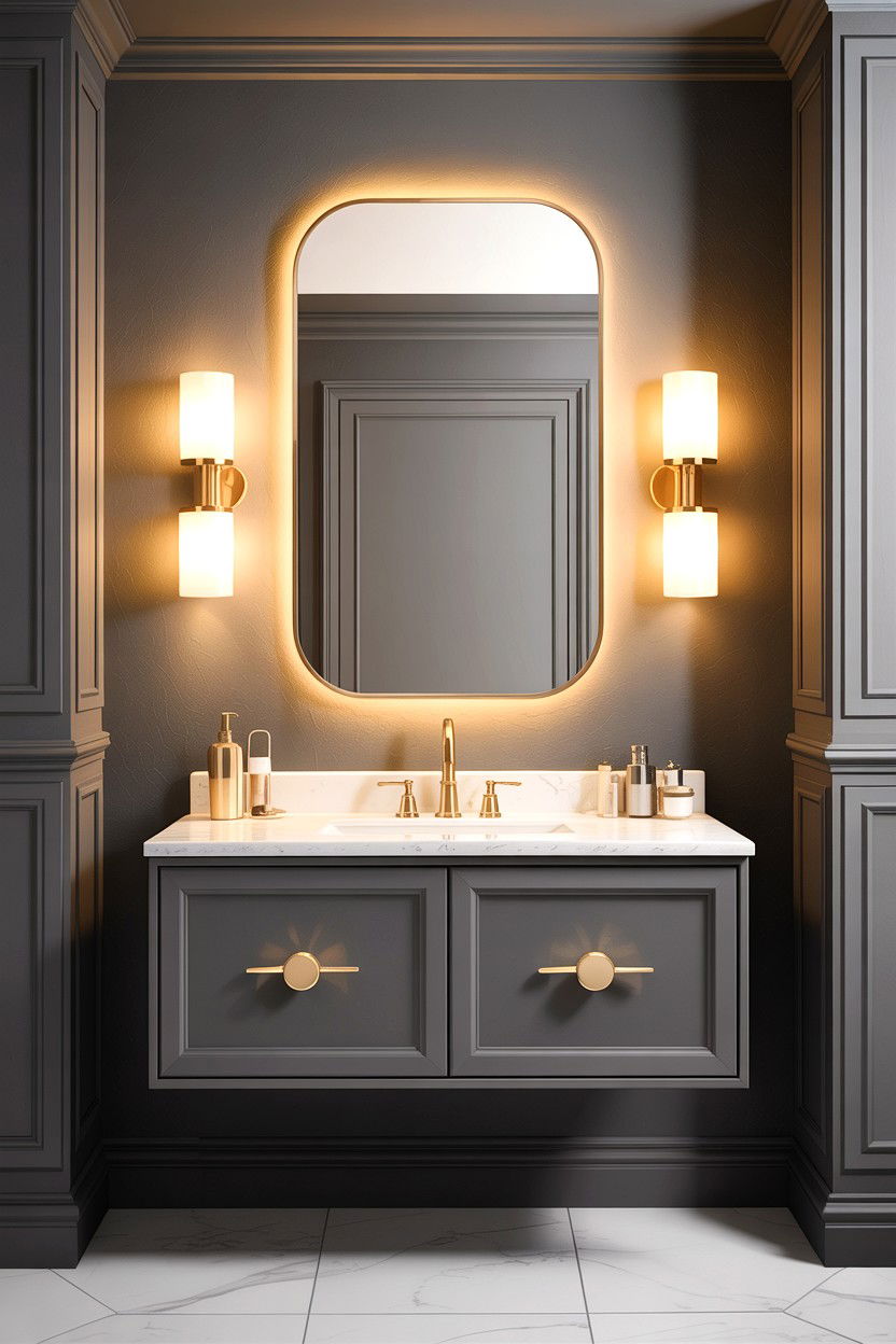 Gray Floating Vanity Gold Lighting - 30 gray and gold bathroom ideas