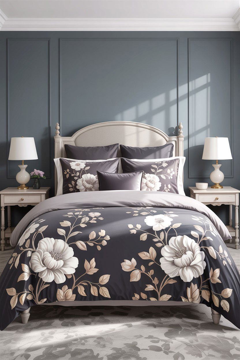 Gray Floral Bedding Set - 30 traditional gray bedroom ideas
