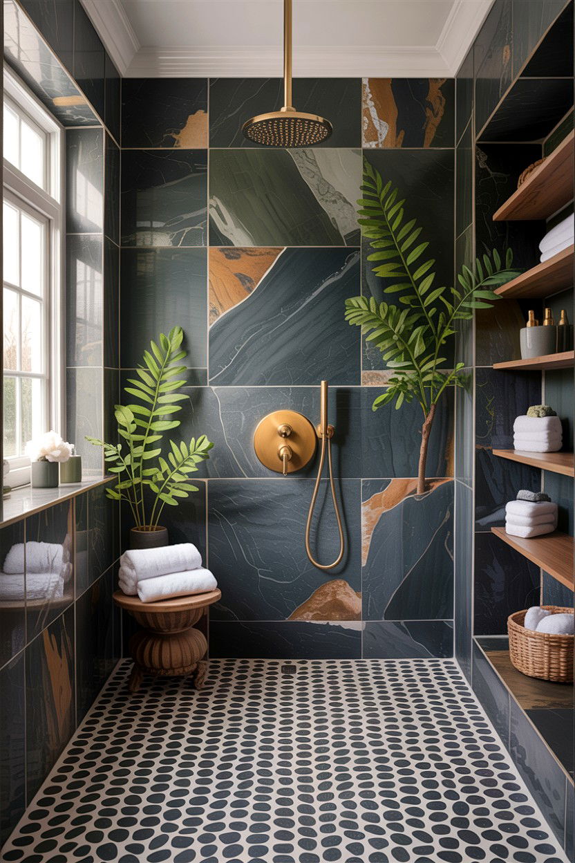 Gray Pebble Floor Gold Fixtures - 30 gray and gold bathroom ideas