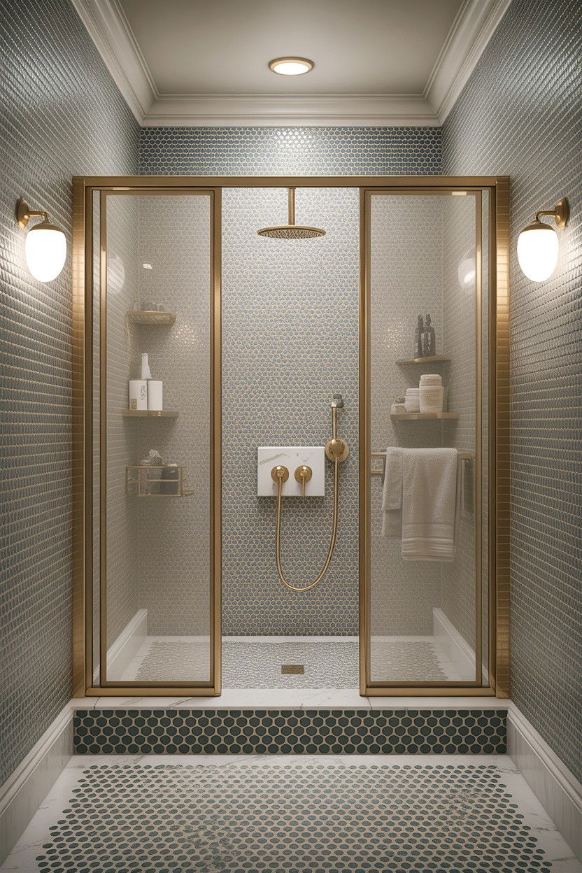 Gray Penny Tile Gold Trim - 30 gray and gold bathroom ideas