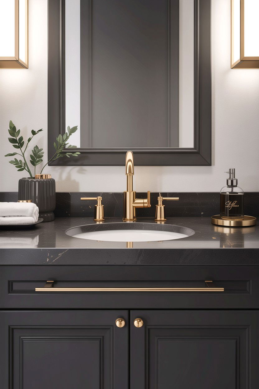 Gray Quartz Countertop Gold Faucet - 30 gray and gold bathroom ideas