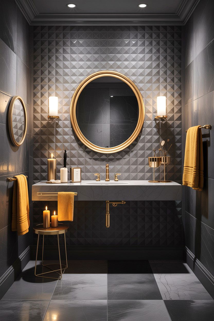 Gray Textured Wall Gold Decor - 30 gray and gold bathroom ideas