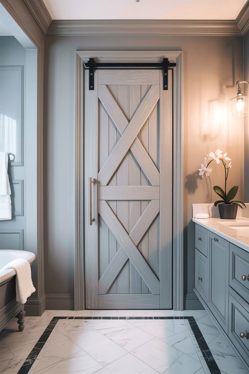 Gray barn door - 30 bathroom barn door ideas