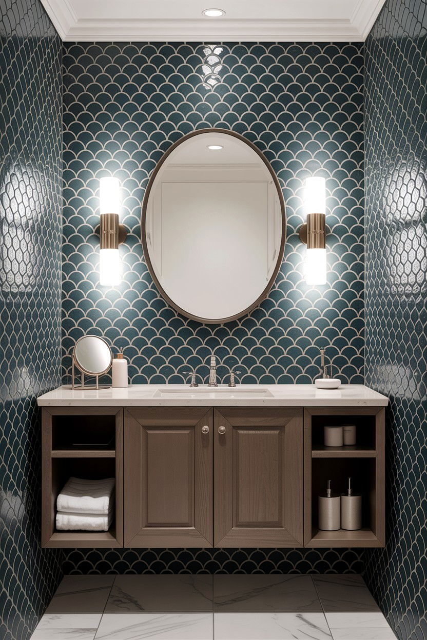 Gray fish scale tile vanity wall - 30 fish scale tile bathroom ideas