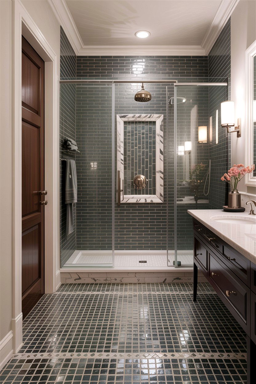 Gray glass mosaic floor tile - 30 glass mosaic bathroom ideas