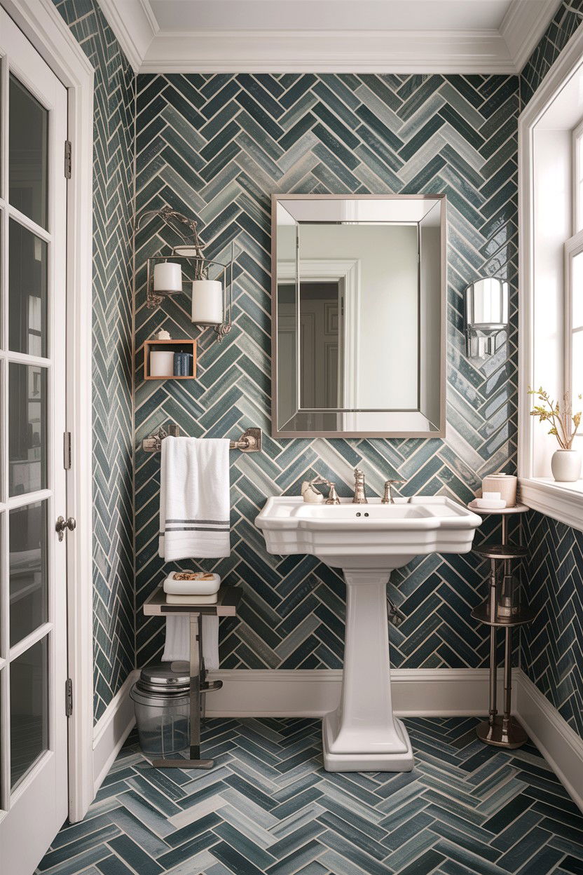 Gray grout herringbone tile - 30 colored grout bathroom ideas