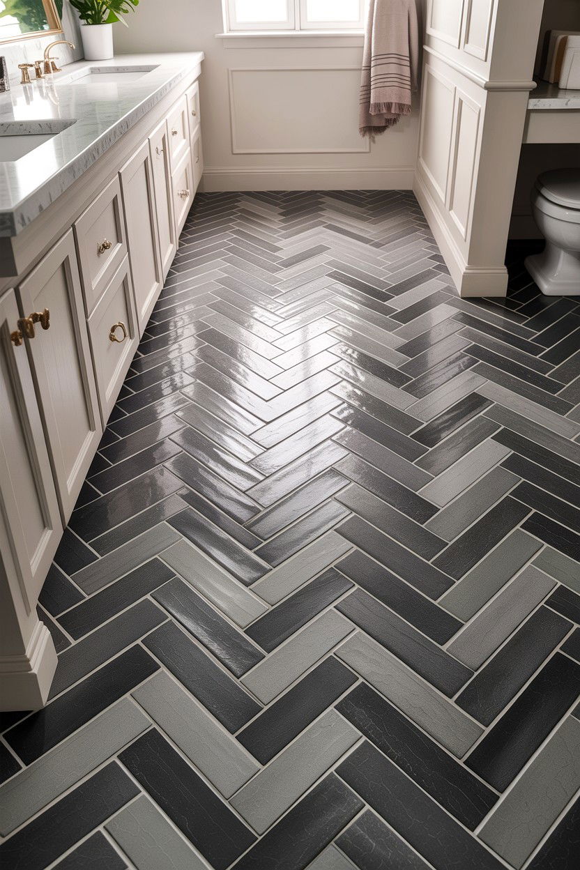 Gray herringbone tile - 30 gray and white bathroom ideas