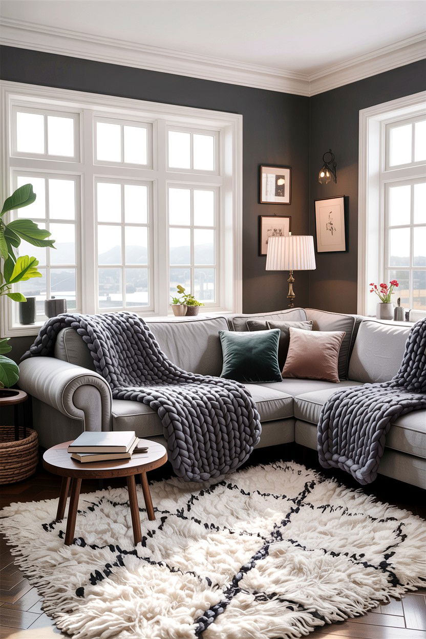 Gray living room with chunky knit blankets - 30 rustic gray living room ideas