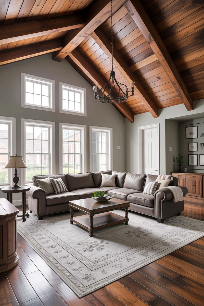Gray living room with exposed wood ceiling - 30 rustic gray living room ideas