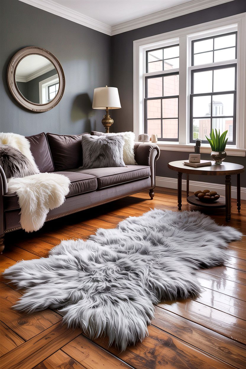 Gray living room with faux fur rugs - 30 rustic gray living room ideas