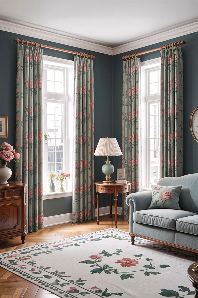 Gray living room with floral curtains - 30 traditional gray living room ideas