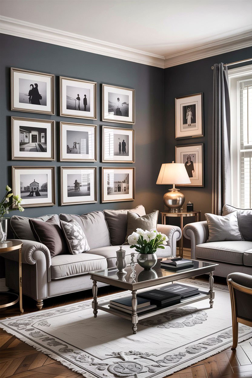Gray living room with gallery wall - 30 traditional gray living room ideas