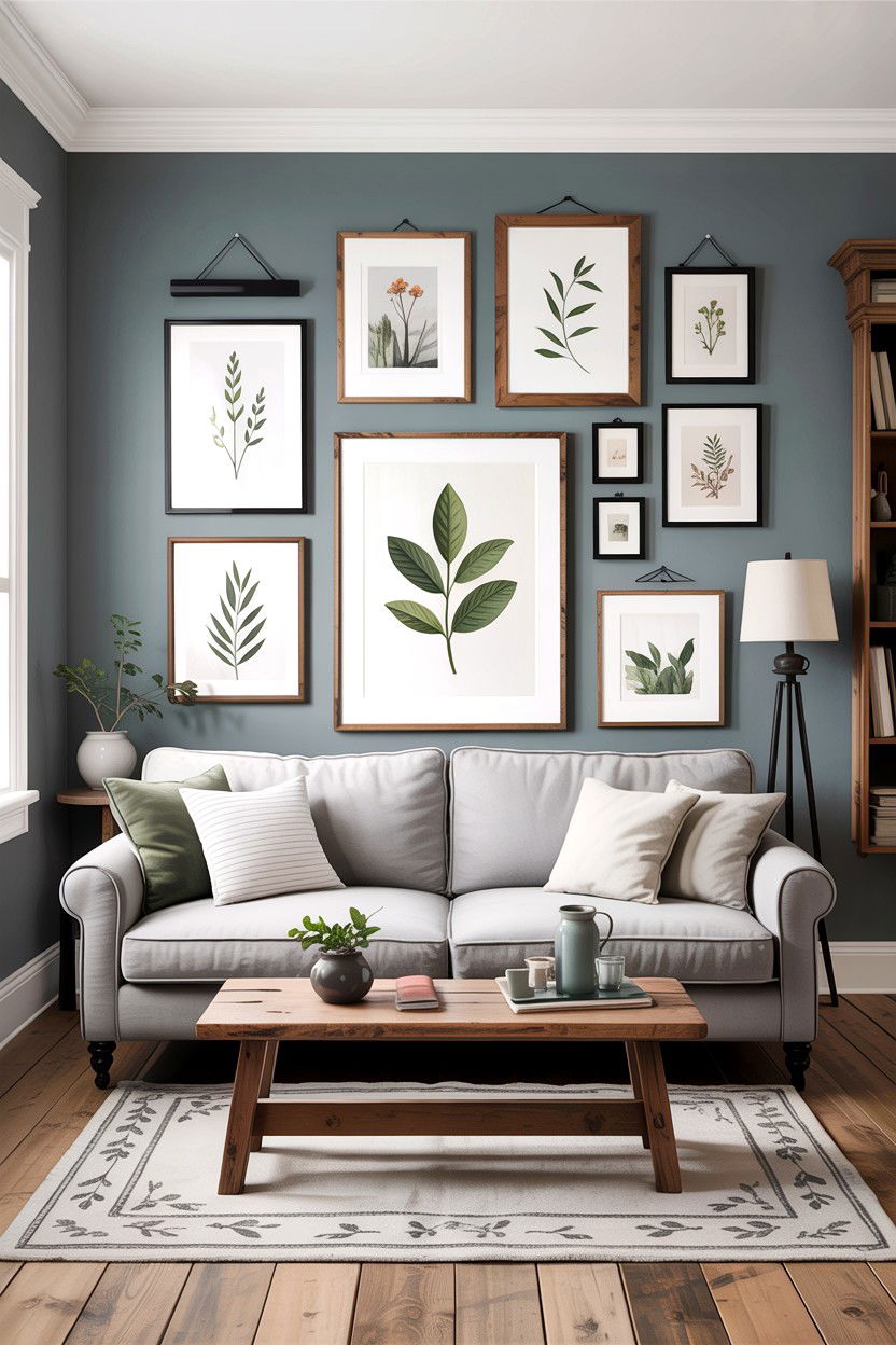 Gray living room with gallery wall - 30 rustic gray living room ideas