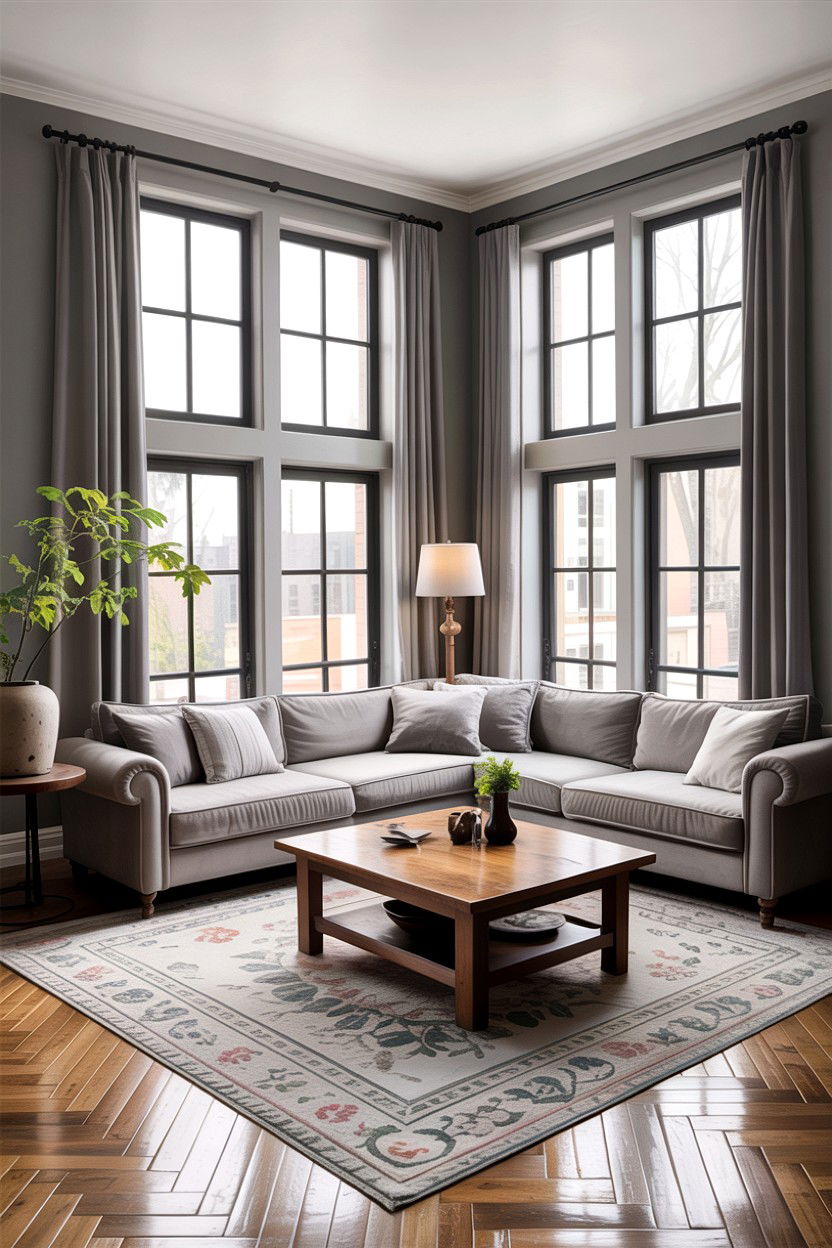 Gray living room with oversized windows - 30 rustic gray living room ideas