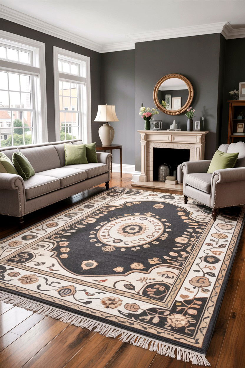 Gray living room with patterned rug - 30 traditional gray living room ideas