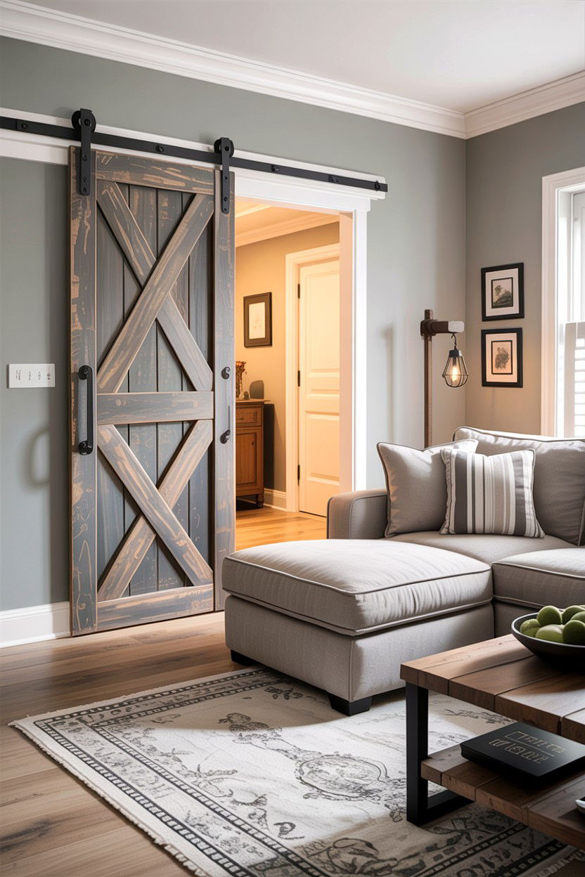 Gray living room with sliding barn door - 30 rustic gray living room ideas