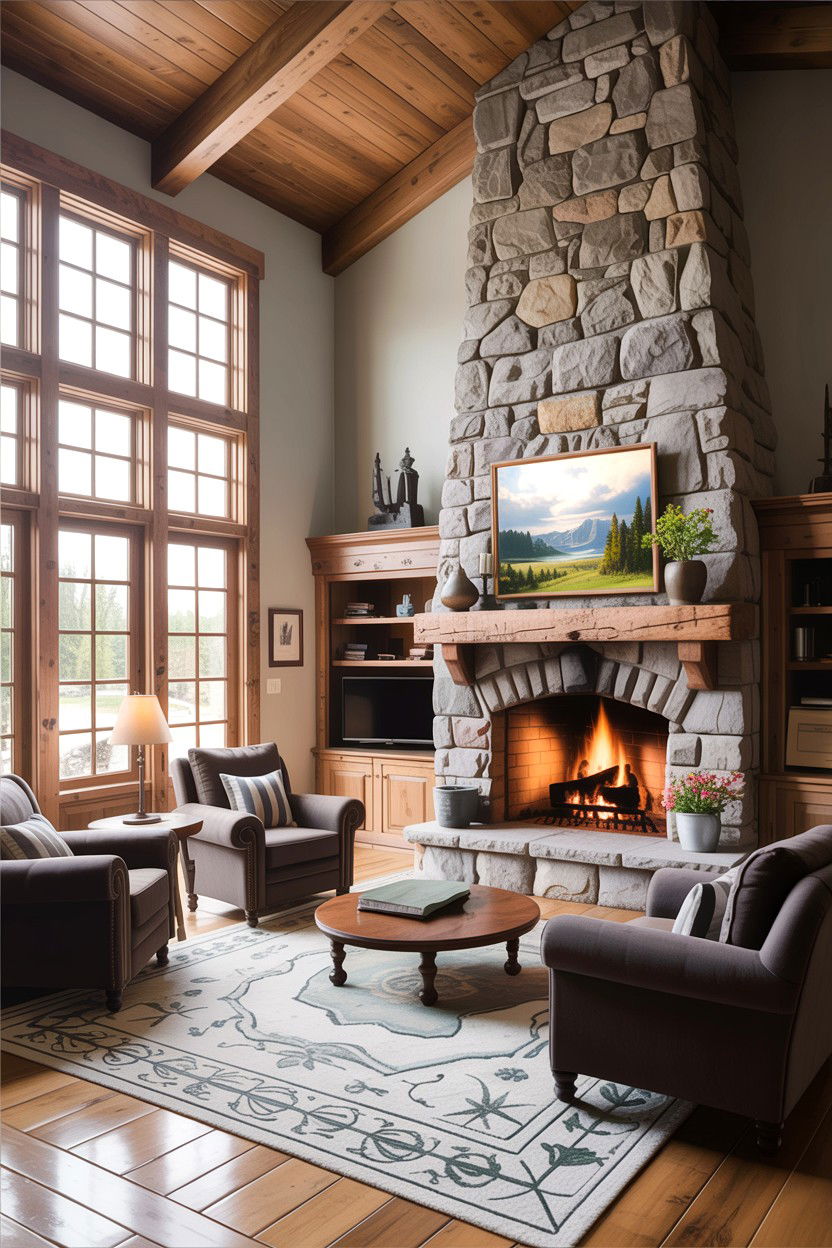Gray living room with stone fireplace - 30 rustic gray living room ideas
