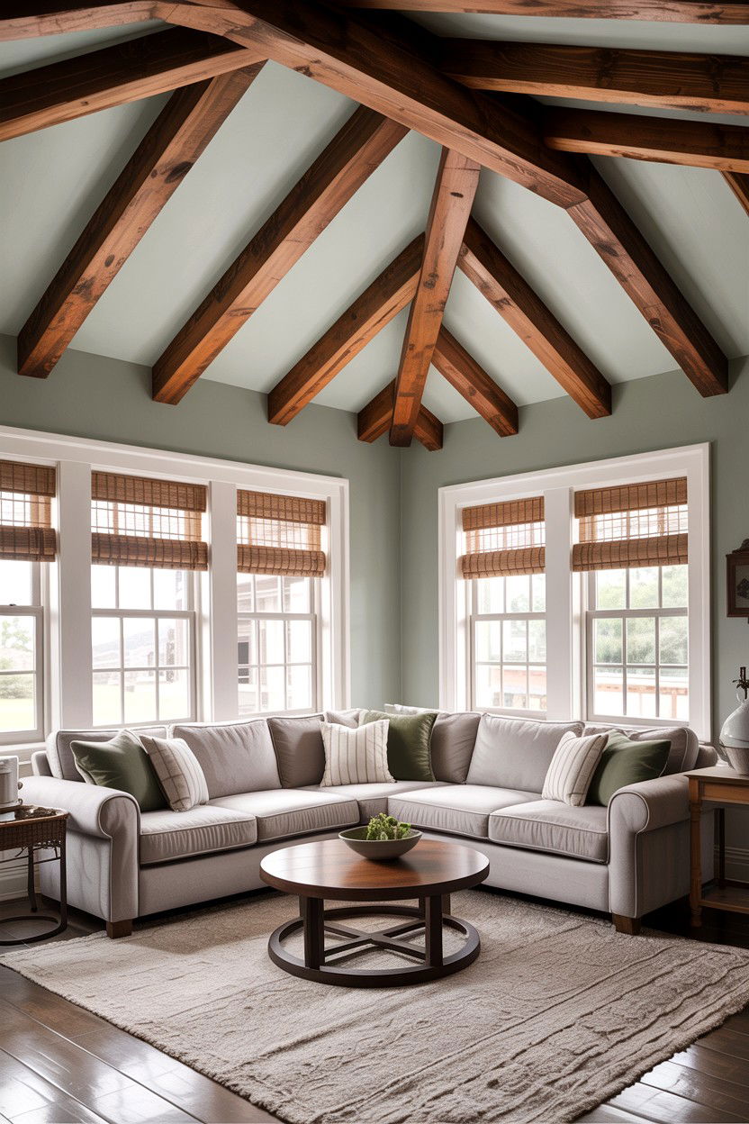 Gray living room with wood beams - 30 rustic gray living room ideas