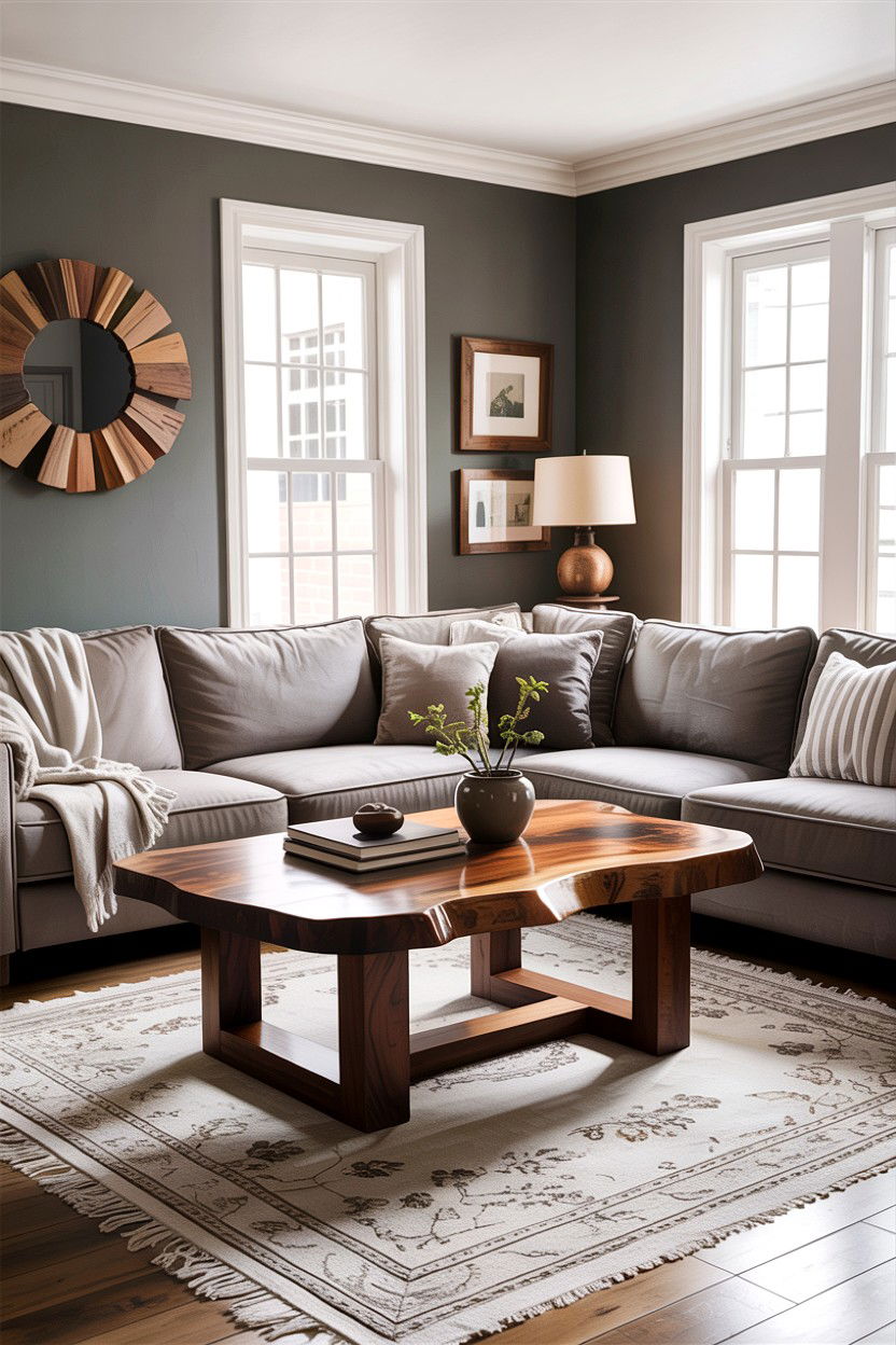 Gray living room with wooden coffee table - 30 rustic gray living room ideas