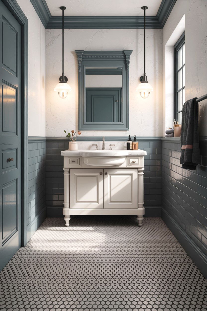 Gray penny tile floor - 30 gray and white bathroom ideas