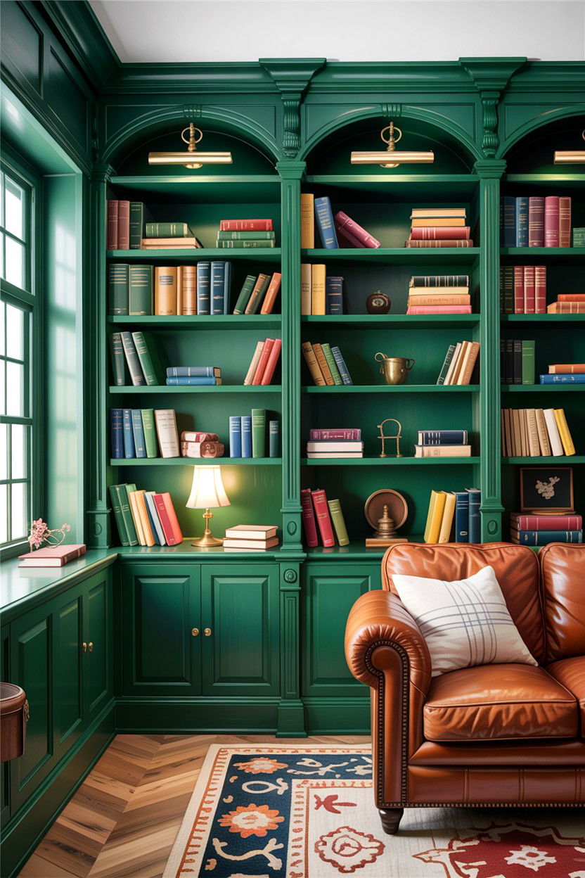 Green Built In Bookshelf Living Room - 30 traditional green living room ideas
