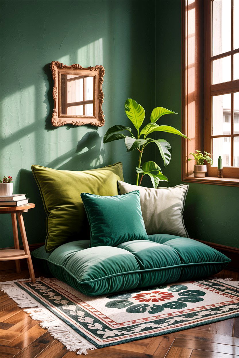 Green Floor Cushions - 30 scandinavian green bedroom ideas