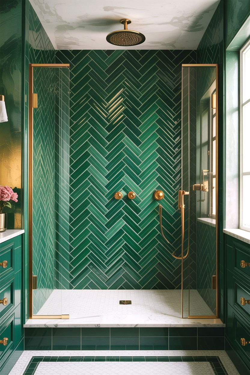 Green Herringbone Tile Bathroom - 30 green and gold bathroom ideas