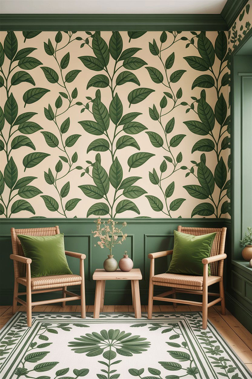 Green Living Room With Botanical Wallpaper - 30 rustic green living room ideas