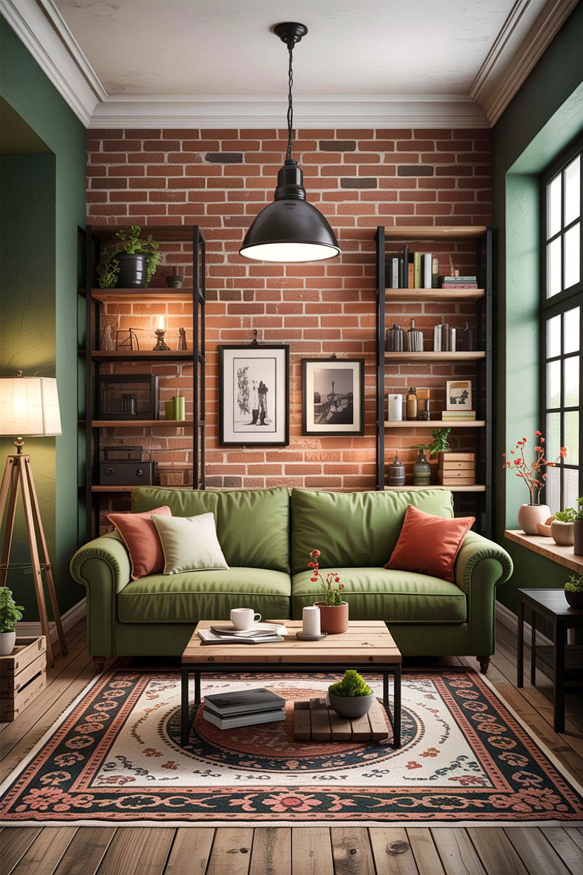 Green Living Room With Brick Wall - 30 rustic green living room ideas