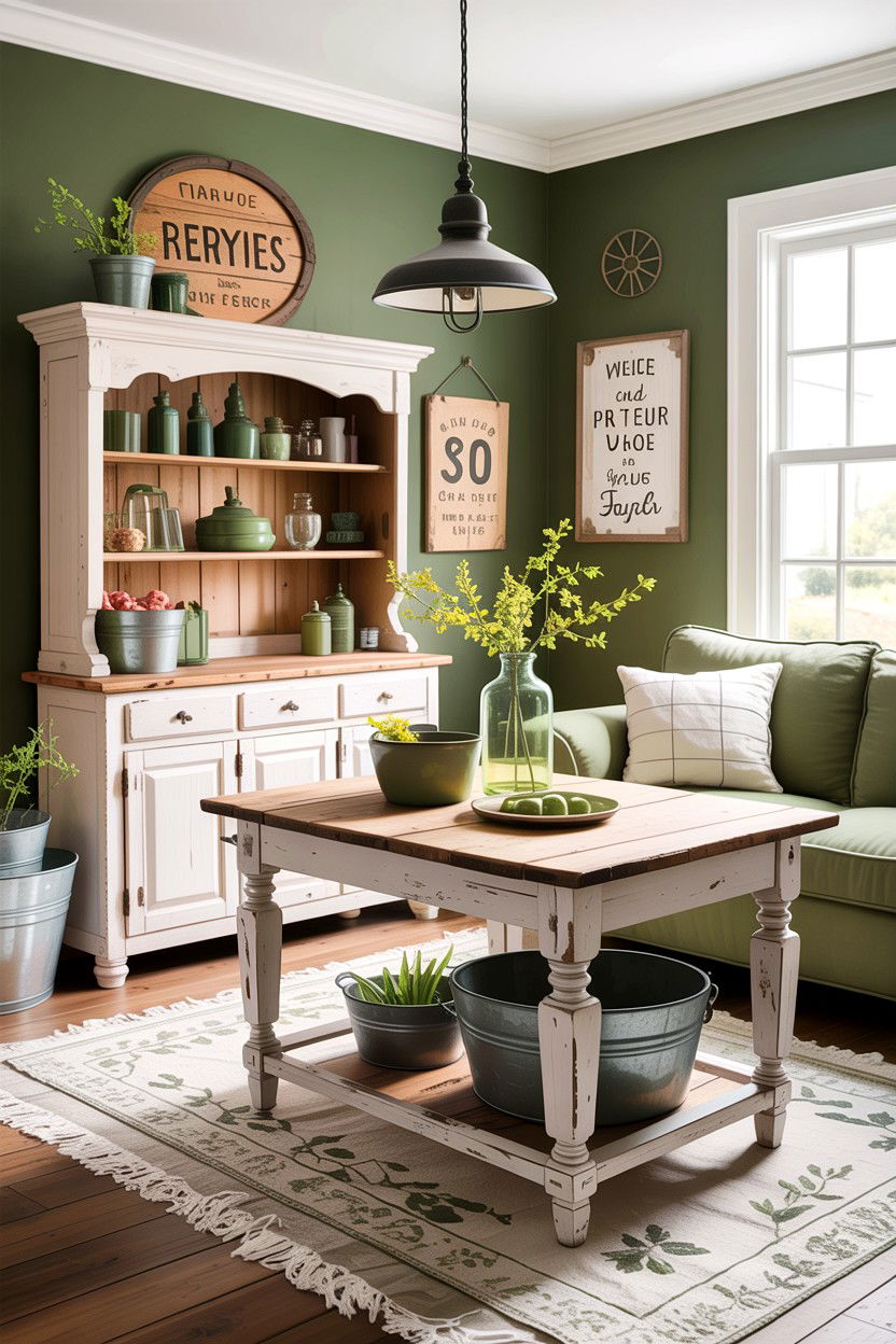 Green Living Room With Farmhouse Furniture - 30 rustic green living room ideas
