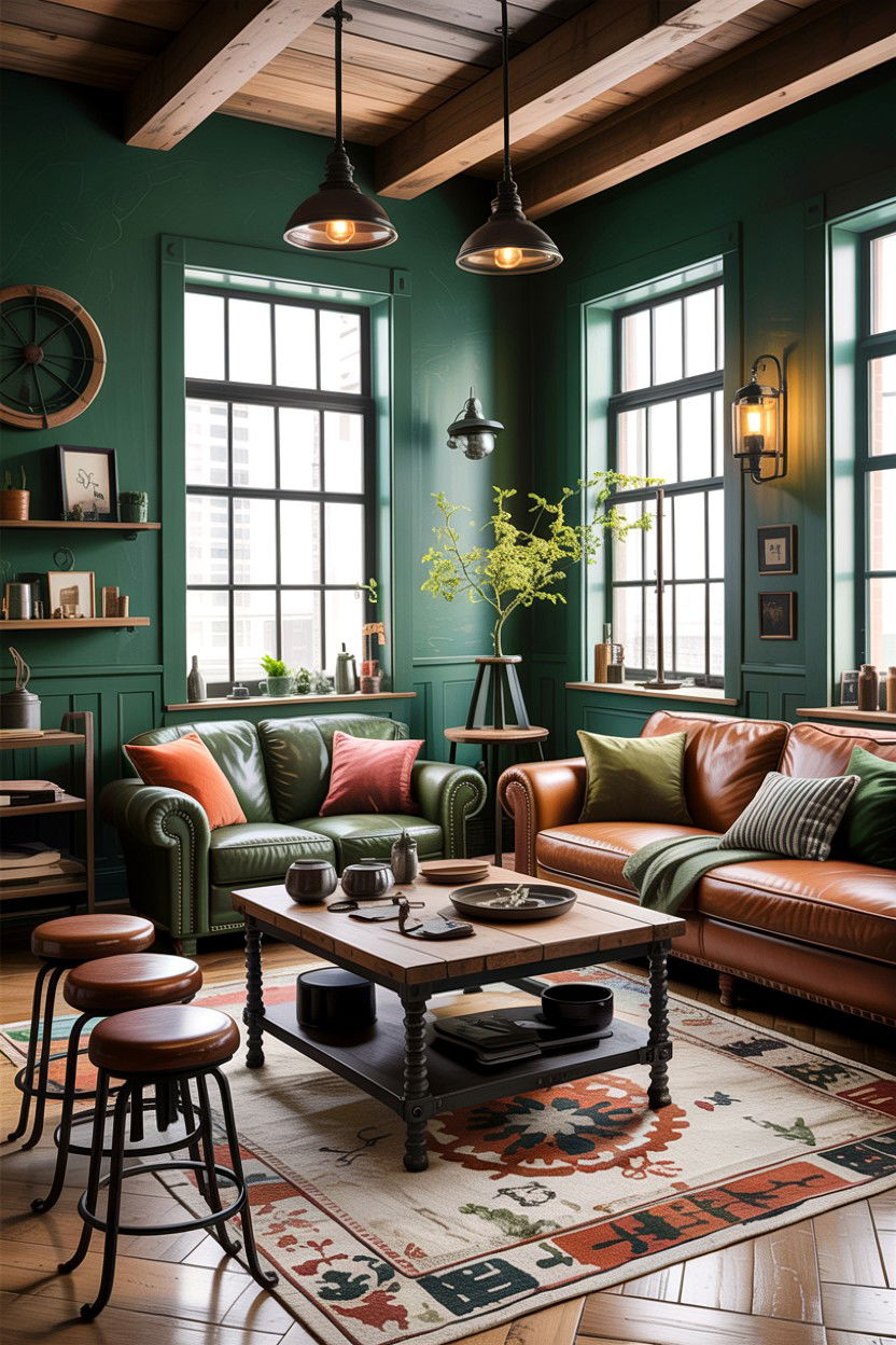Green Living Room With Industrial Accents - 30 rustic green living room ideas
