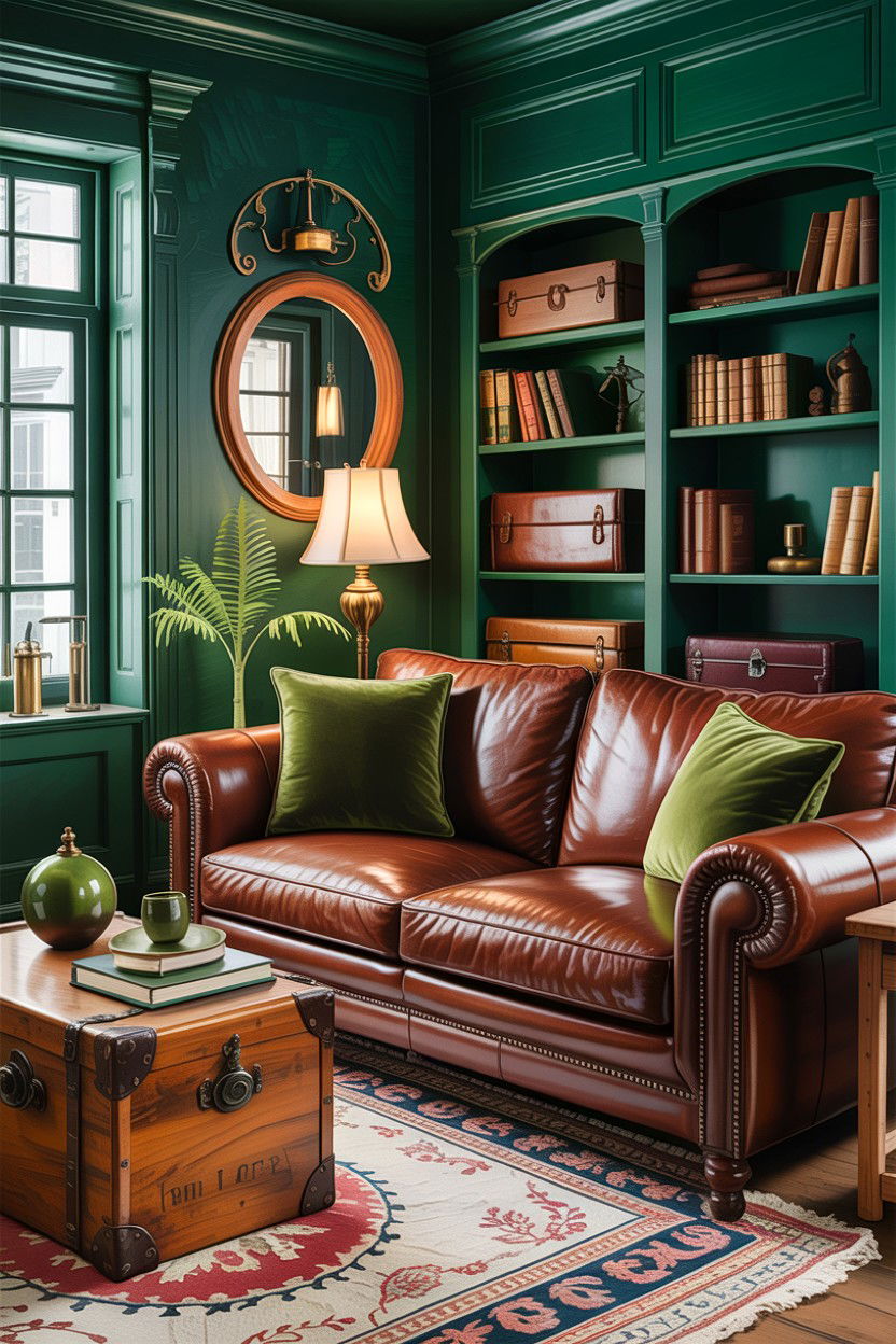 Green Living Room With Leather Sofa - 30 rustic green living room ideas