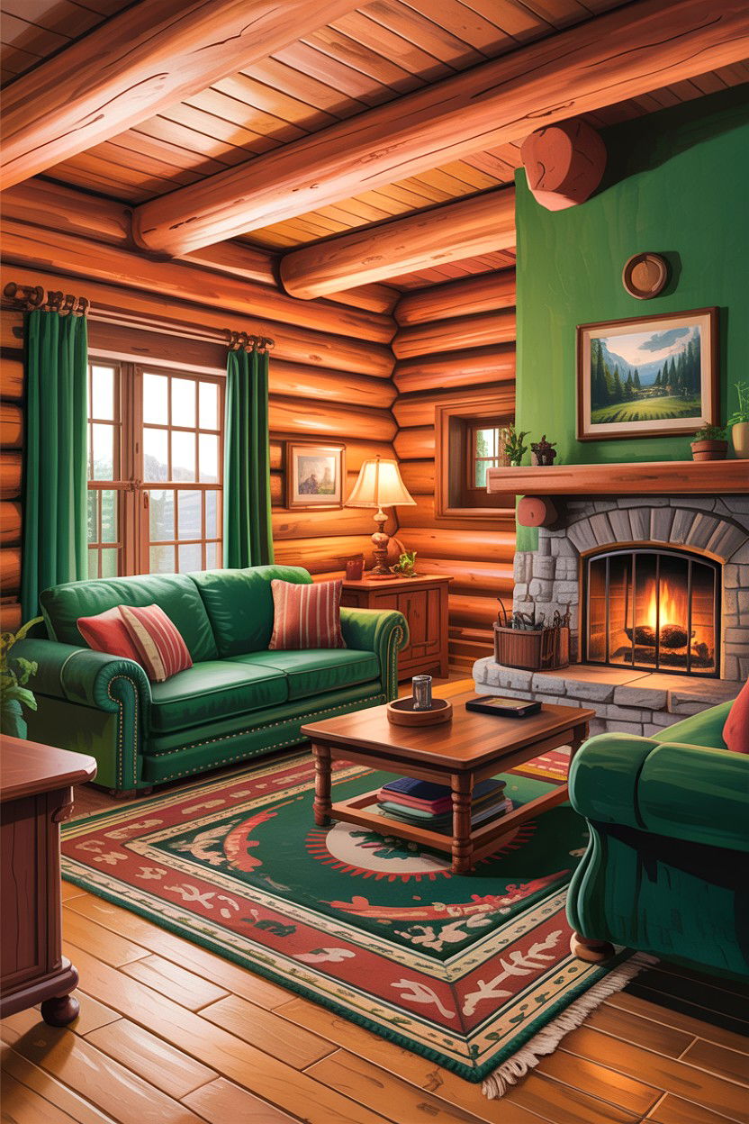 Green Living Room With Log Cabin Walls - 30 rustic green living room ideas