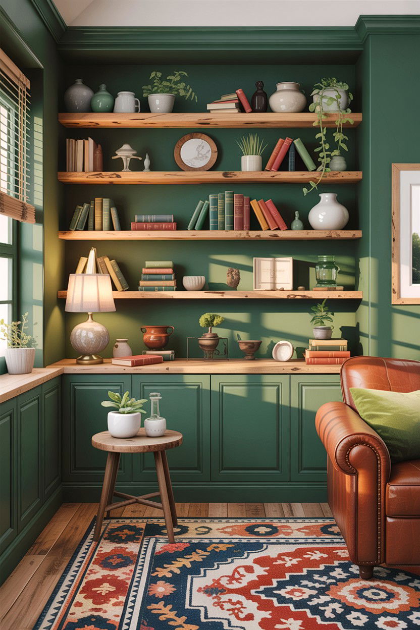 Green Living Room With Open Shelving - 30 rustic green living room ideas