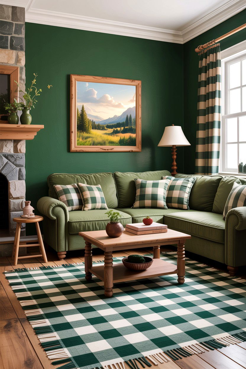 Green Living Room With Plaid Textiles - 30 rustic green living room ideas