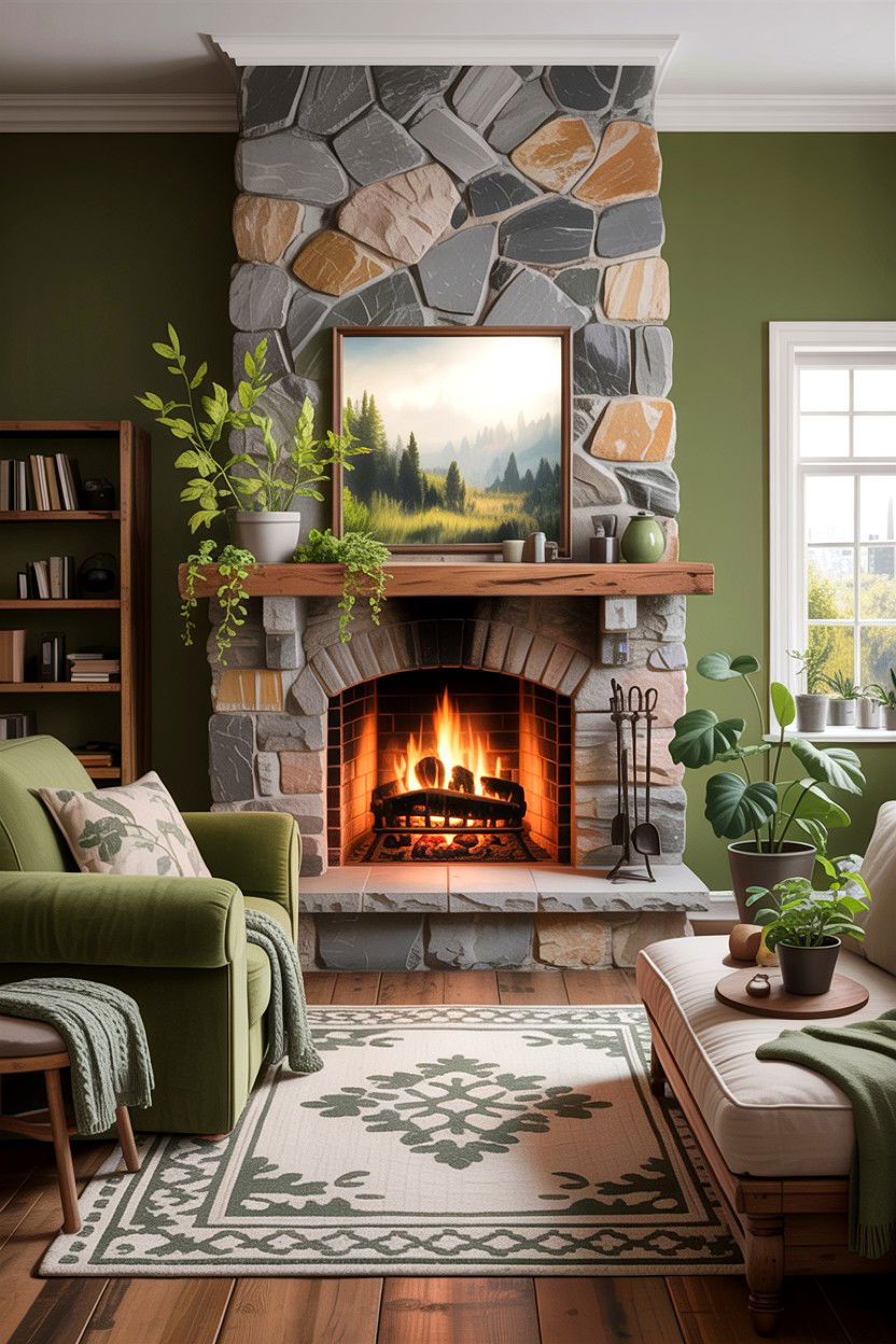 Green Living Room With Stone Fireplace - 30 rustic green living room ideas