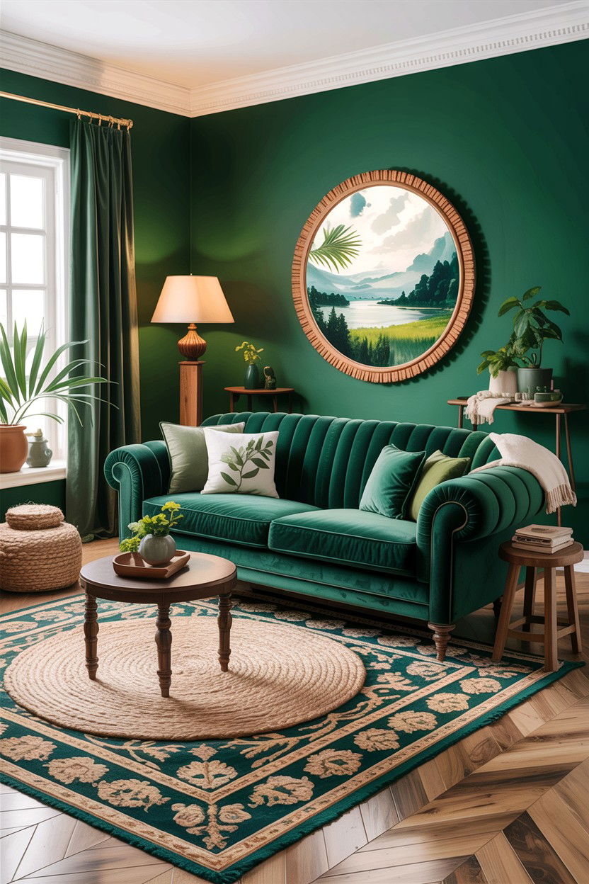 Green Living Room With Velvet Couch - 30 rustic green living room ideas