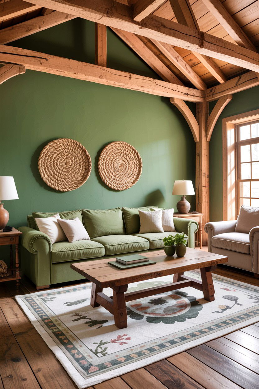 Green Living Room With Wood Beams - 30 rustic green living room ideas