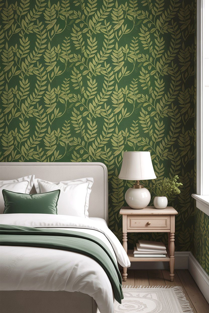 Green Patterned Wallpaper - 30 scandinavian green bedroom ideas