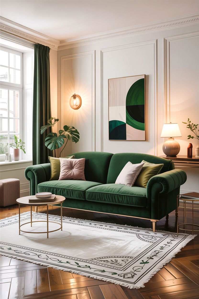 Green White Living Room Velvet Sofa - 30 green and white living room ideas
