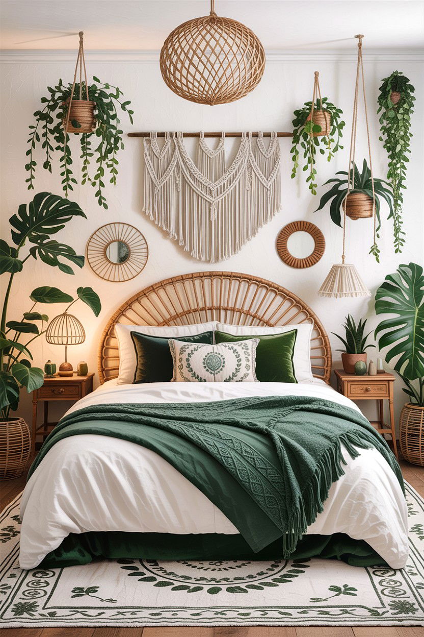 Green and white boho bedroom - 30 green and white bedroom ideas
