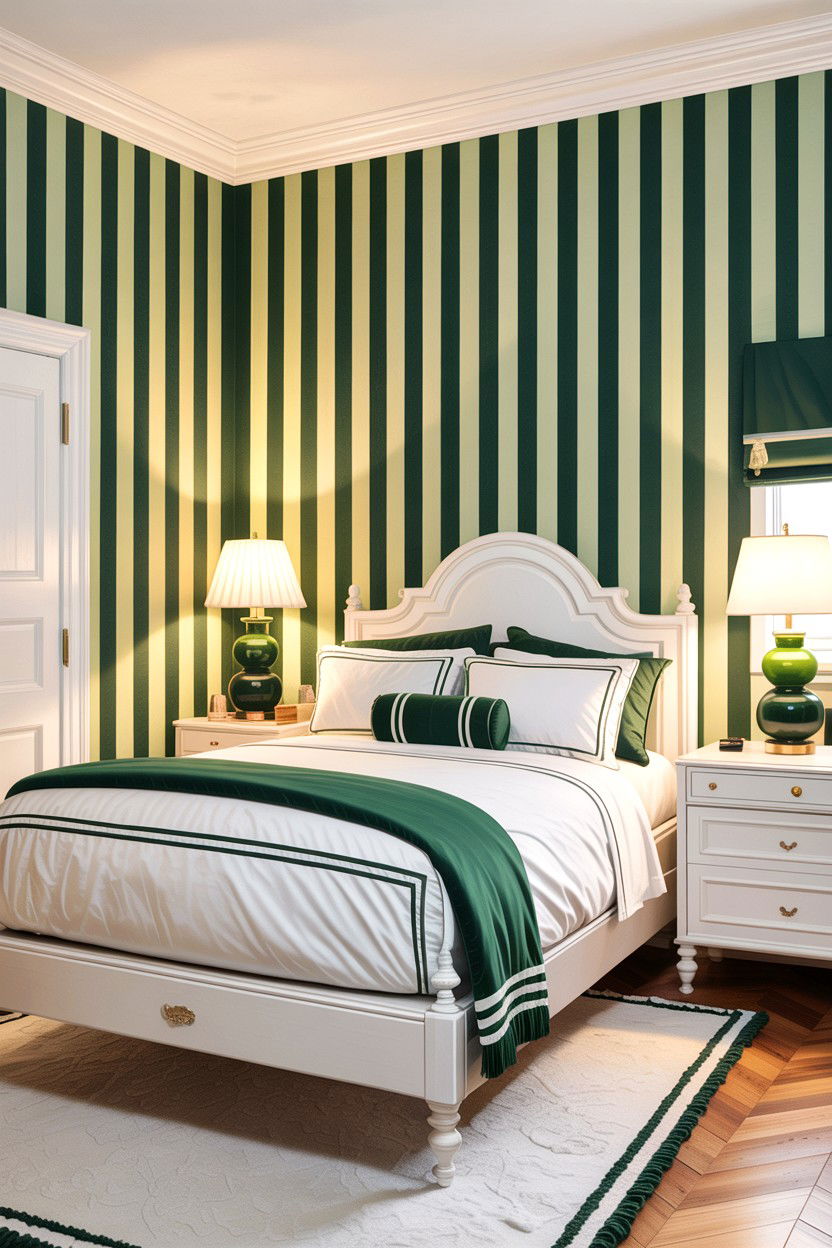 Green and white stripes bedroom - 30 green and white bedroom ideas