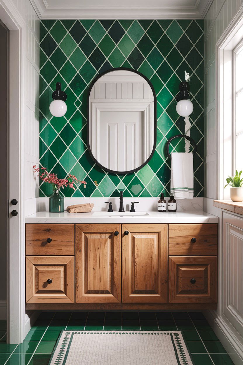 Green diamond tile accent wall - 30 diamond tile bathroom ideas