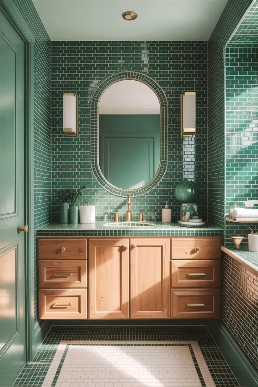 Green glass mosaic vanity area - 30 glass mosaic bathroom ideas
