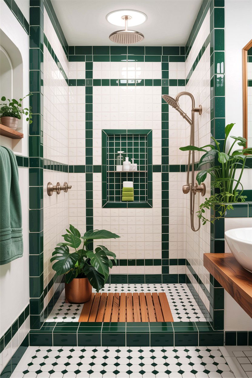 Green grout walk in shower - 30 colored grout bathroom ideas