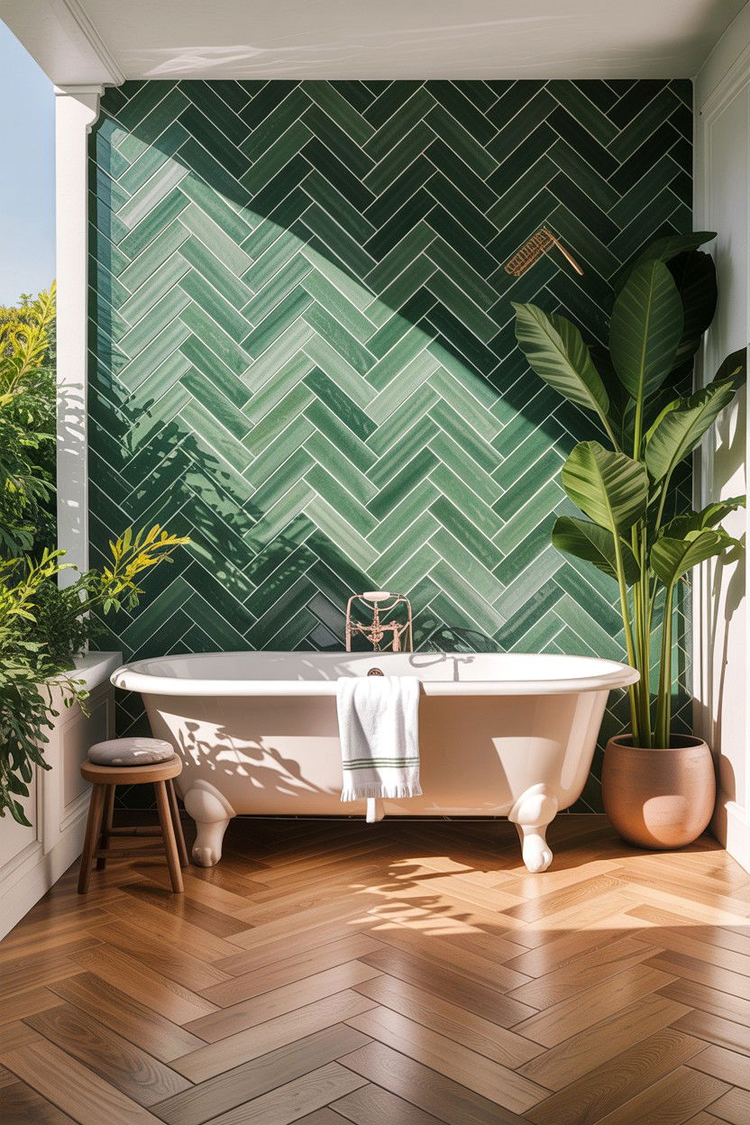 Green herringbone tile accent wall - 30 herringbone pattern bathroom ideas