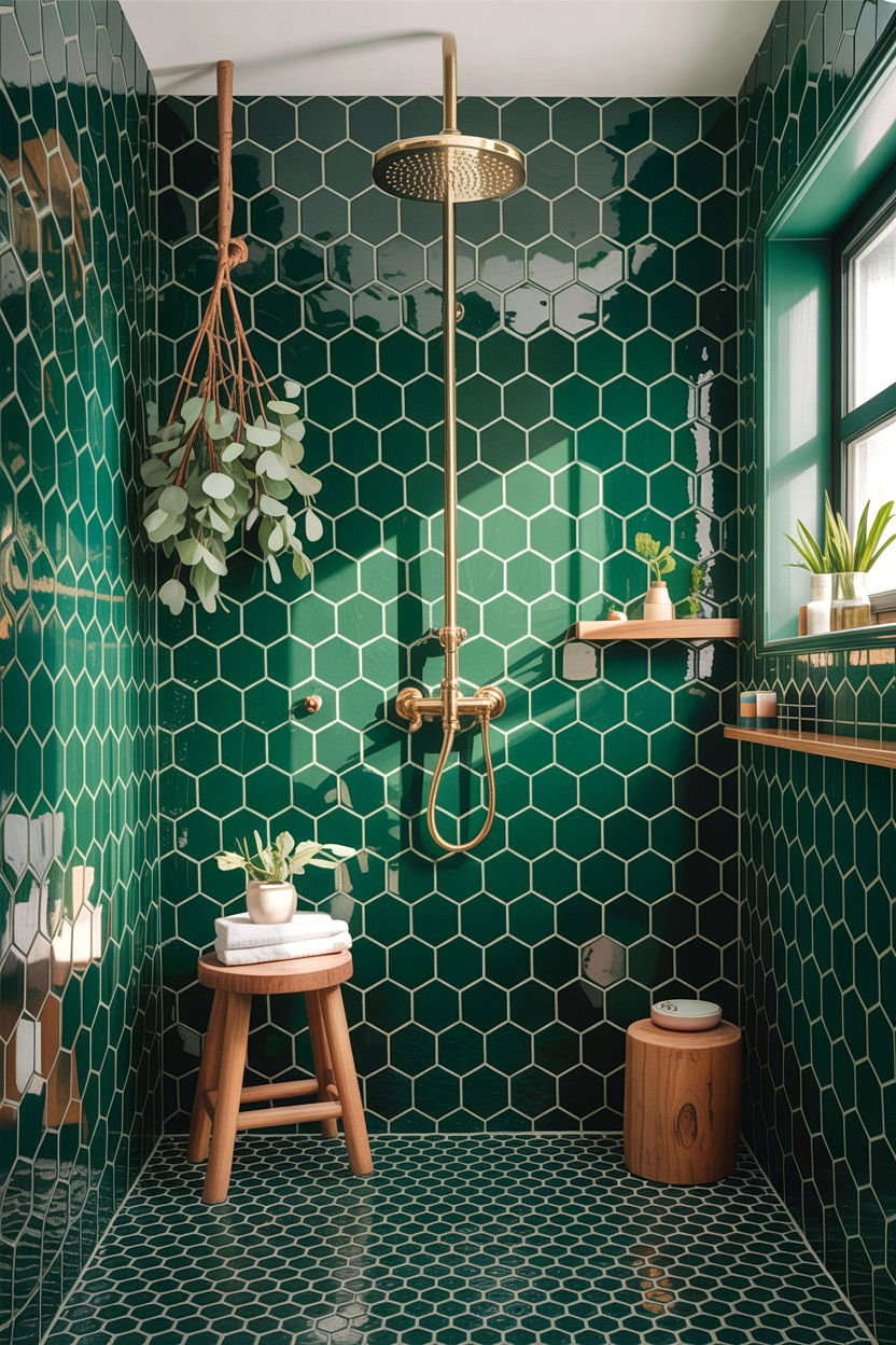 Green honeycomb tile shower - 30 honeycomb tile bathroom ideas