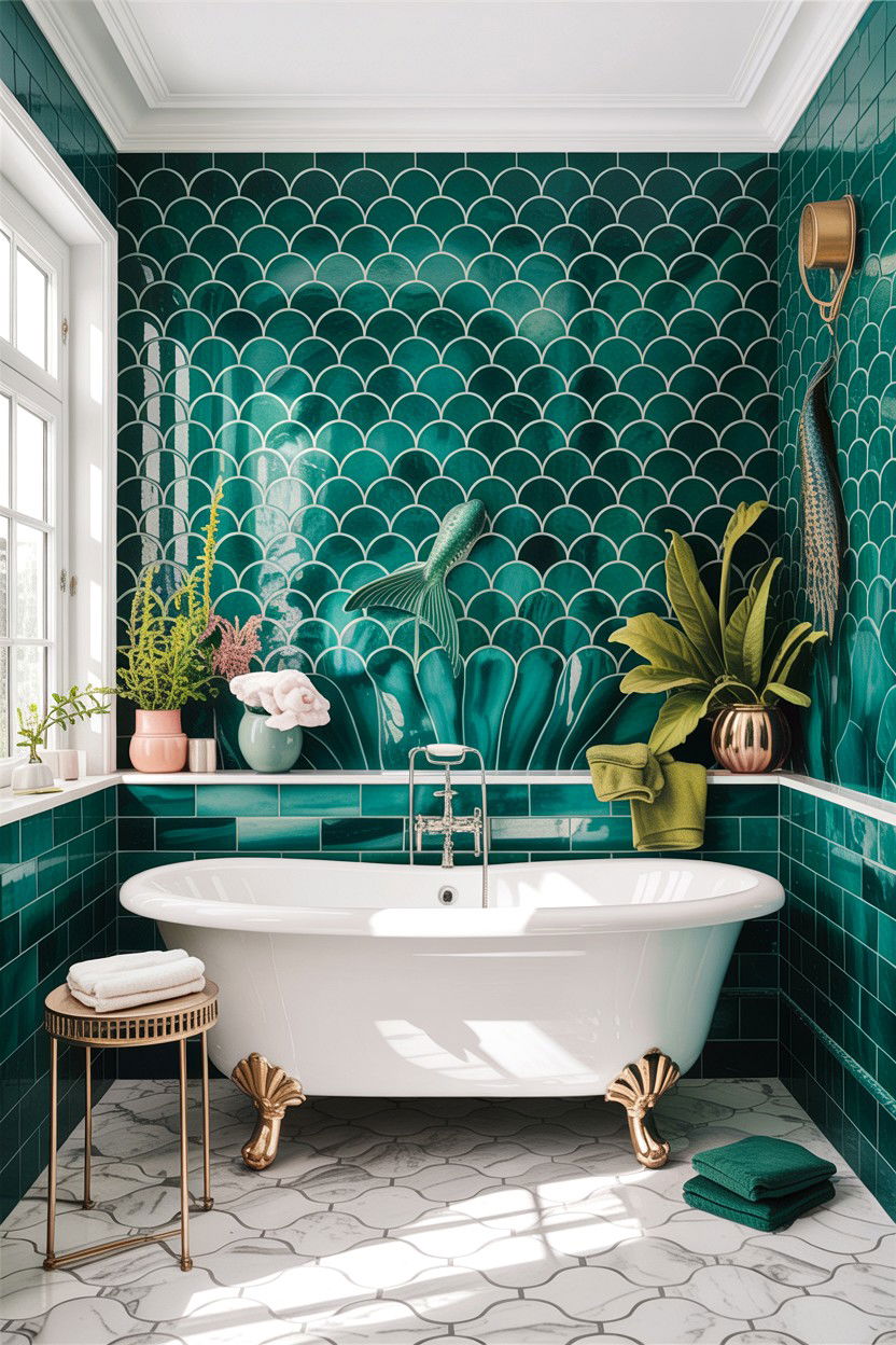 Green mermaid tile bathroom - 30 fish scale tile bathroom ideas
